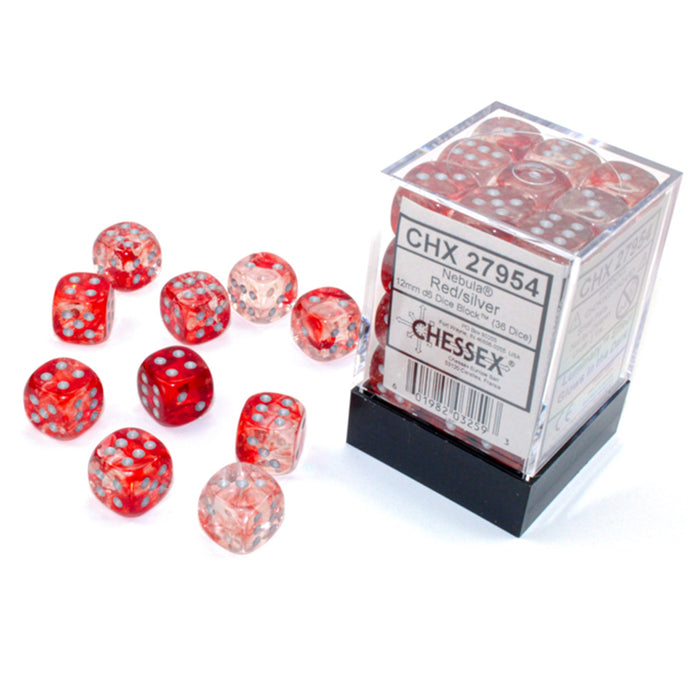 CHESSEX DICE: D6 -- 12MM Nebula Dice, Red/Silver Luminary, 36CT (CHX 27954)