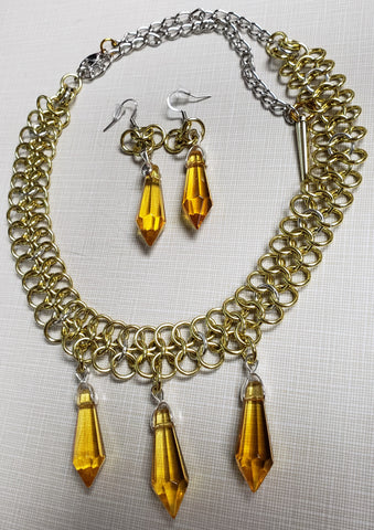 Gold Necklace with Gems and Matching Earings (3 Piece Set)