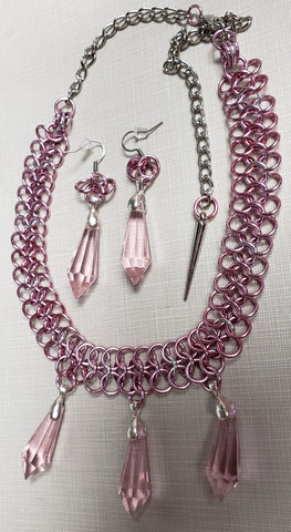 Pink Necklace with Gems and Matching Earings (3 Piece Set)