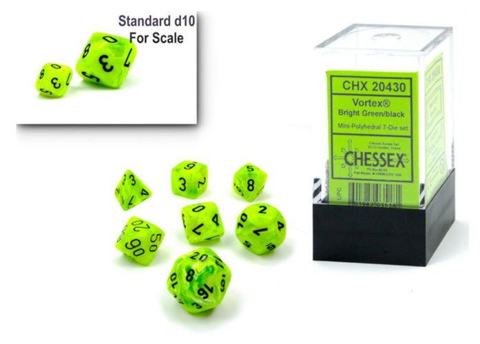 CHESSEX DICE:  7CT Mini-Polyhedral Set: Vortex Bright Green/Black  (CHX 20430)