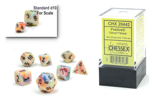 CHESSEX DICE:  7CT Mini-Polyhedral Set: Festive Circus/Black  (CHX 20442)