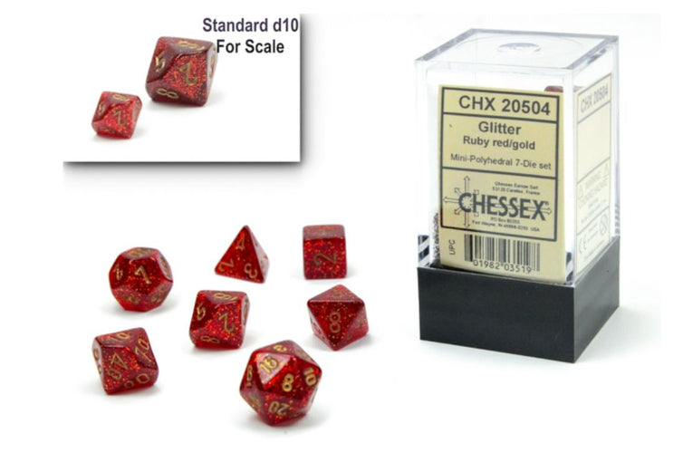 CHESSEX DICE:  7CT Mini-Polyhedral Set: Glitter Ruby Red/Gold  (CHX 20504)