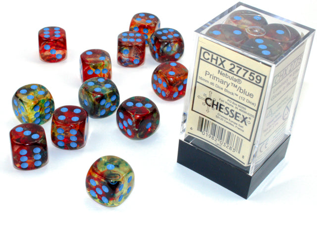 CHESSEX DICE: D6 -- 16MM Nebula Luminary Dice, Primary/Blue, 12CT (CHX 27759)