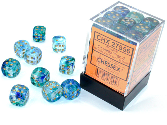 CHESSEX DICE: D6 -- 12MM Nebula Dice, Oceanic/Gold Luminary, 36CT (CHX 27956)