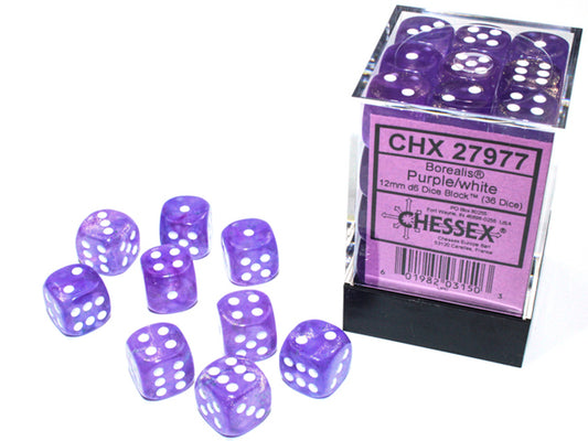 CHESSEX DICE: D6 -- 12MM Borealis Dice, Purple/White Luminary, 36CT (CHX 27977)