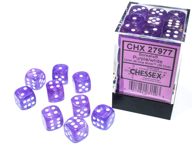CHESSEX DICE: D6 -- 12MM Borealis Dice, Purple/White Luminary, 36CT (CHX 27977)