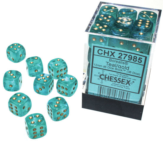 CHESSEX DICE: D6 -- 12MM Borealis Dice, Teal/Gold Luminary, 36CT (CHX 27985)