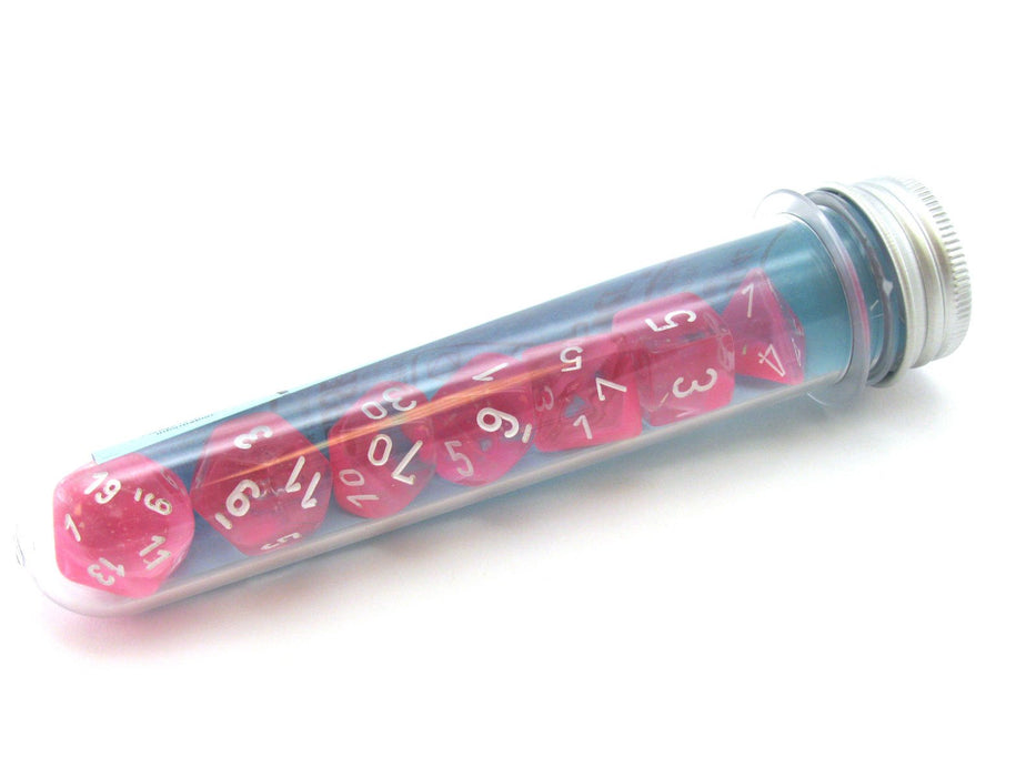 CHESSEX LAB DICE 4 GEMINI: POLY CLEAR-PINK/WHITE LUMINARY 7CT (CHX30042)