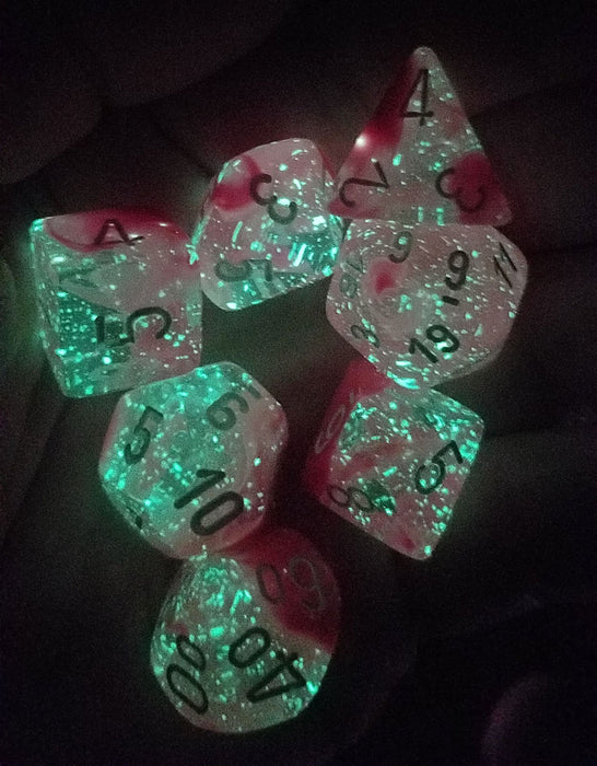 CHESSEX LAB DICE 4 GEMINI: POLY CLEAR-PINK/WHITE LUMINARY 7CT (CHX30042)