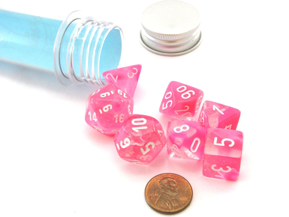 CHESSEX LAB DICE 4 GEMINI: POLY CLEAR-PINK/WHITE LUMINARY 7CT (CHX30042)