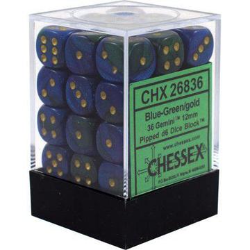 CHESSEX DICE: D6 -- 12MM BLUE-GREEN GOLD/BLACK, 36CT (CHX26836)