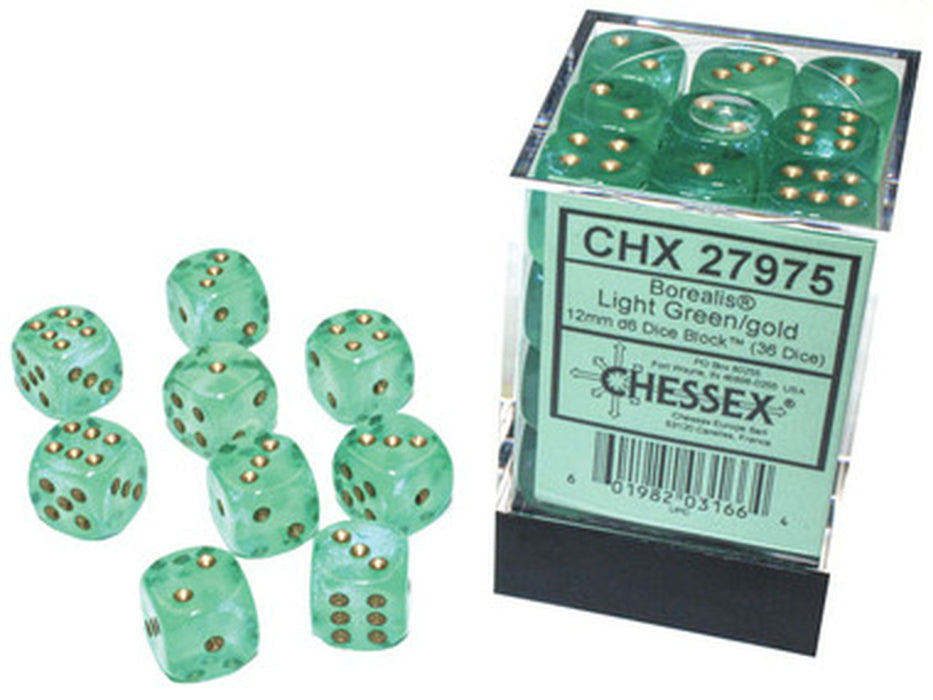 CHESSEX DICE: D6 -- 12MM Borealis Dice, Light Green/Gold Luminary, 36CT (CHX 27975)