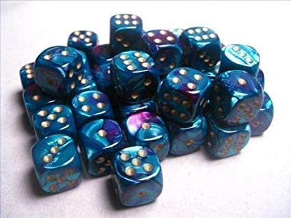 CHESSEX DICE: D6 -- 12MM GEMINI DICE, PURPLE-TEAL/GOLD; 36CT (CHX 26849)