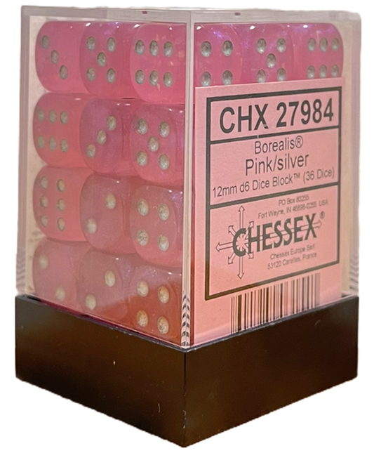 CHESSEX DICE: D6 -- 12MM Borealis Dice, Pink/Silver Luminary, 36CT (CHX 27984)