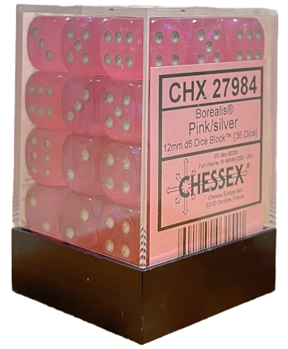 CHESSEX DICE: D6 -- 12MM Borealis Dice, Pink/Silver Luminary, 36CT (CHX 27984)