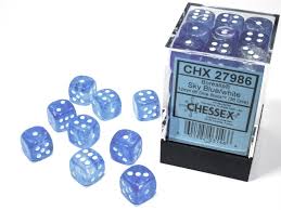 CHESSEX DICE: D6 -- 12MM Borealis Dice, Sky Blue/White Luminary, 36CT (CHX 27986)