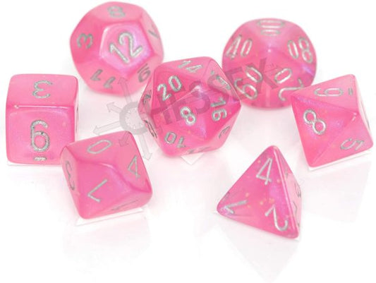 CHESSEX DICE:  7-Die Polyhedral Set Borealis Pink/Silver with Luminary (CHX 27584)