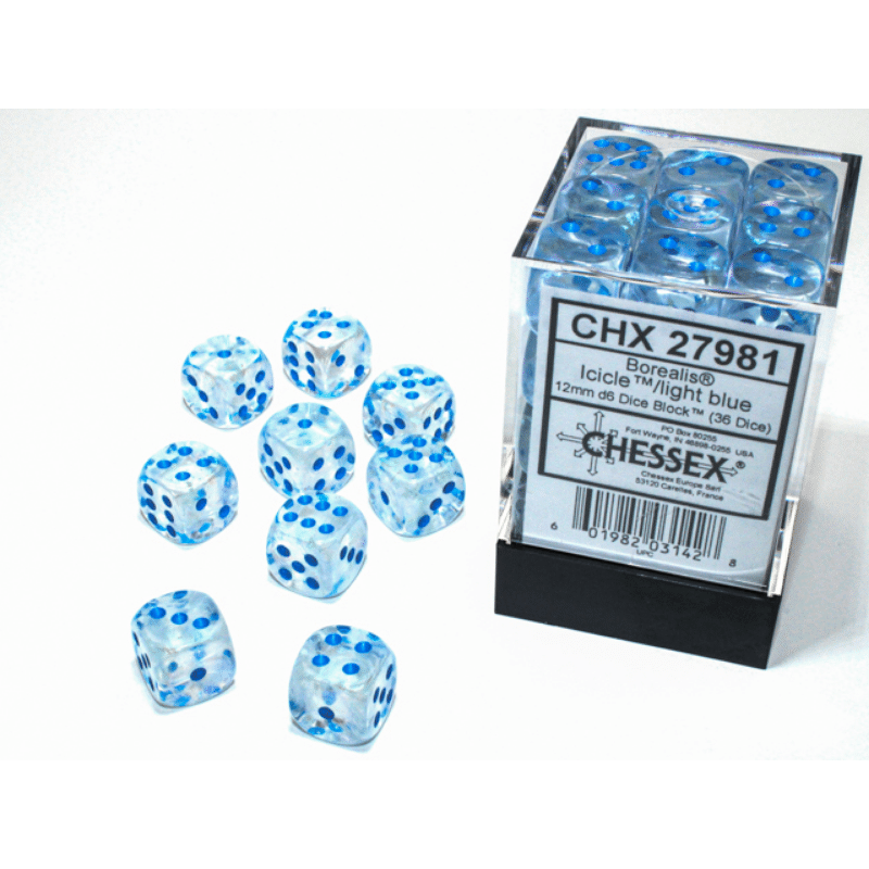 CHESSEX DICE: D6 -- 12MM Borealis Dice, Iceicle/Light Blue Luminary, 36CT (CHX 27981)