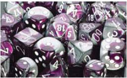 CHESSEX DICE:  7CT GEMINI DICE SET PURPLE-STEEL W/WHITE  (CHX26432)