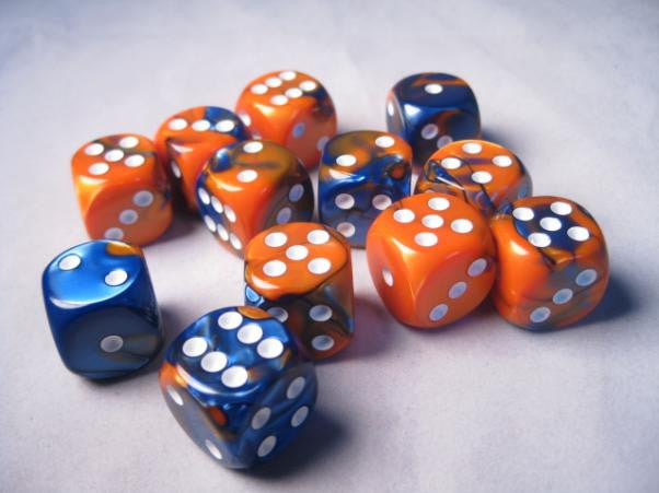 CHESSEX DICE: D6 -- 16MM GEMINI DICE BLUE-ORANGE WITH WHITE; 12CT (CHX26652)