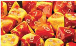 CHESSEX DICE: D6 -- 12MM GEMINI DICE, RED-YELLOW/SILVER; 36CT (CHX26850)