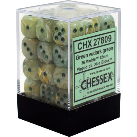 CHESSEX DICE: D6 -- 12MM Marble Dice, Green/Dark Green, 36CT (CHX 27809)