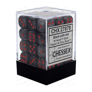 CHESSEX DICE: D6 -- 12MM Velvet Dice, Black/Red, 36CT (CHX 27878)