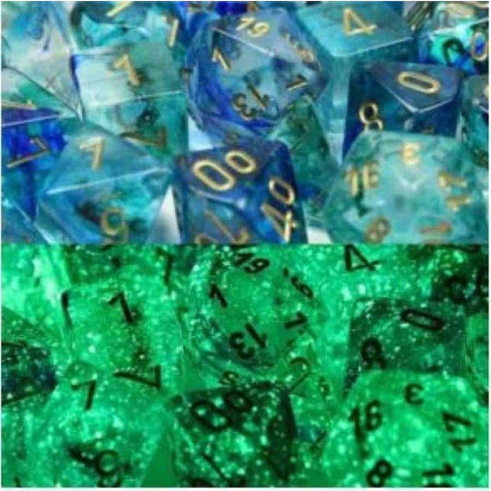 CHESSEX DICE: 7CT LAB DICE NEBULA POLY SET, OCEANIC/GOLD (CHX30011)