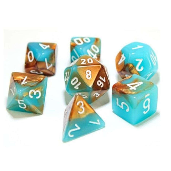 CHESSEX DICE: 7CT LAB DICE GEMINI POLY SET, COPPER-TURQUOISE/WHITE (CHX30019)