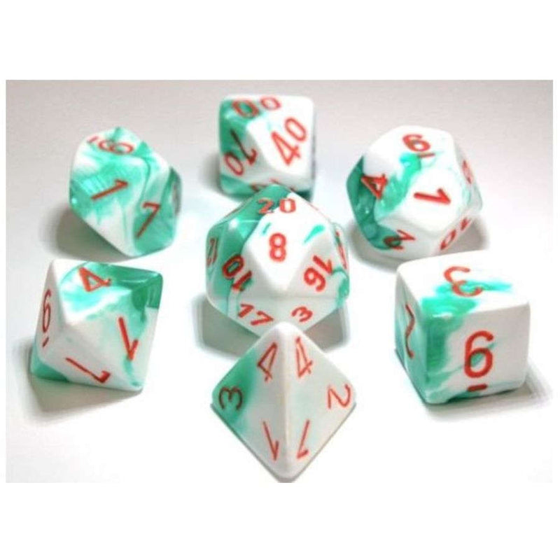 CHESSEX DICE: 7CT LAB DICE GEMINI POLY SET, MINT GREEN AND WHITE / ORANGE (CHX30020)
