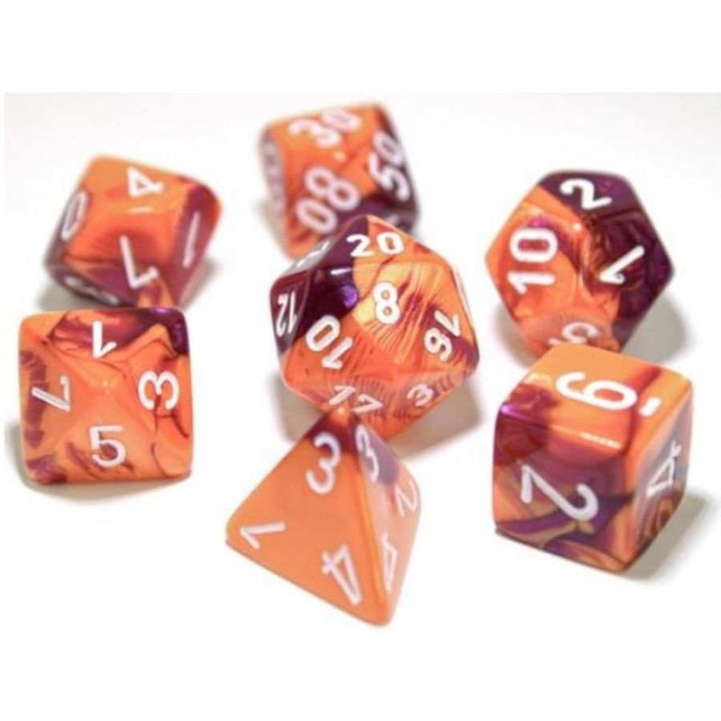 CHESSEX DICE: 7CT LAB DICE GEMINI POLY SET, ORANGE AND PURPLE / WHITE (CHX30021)