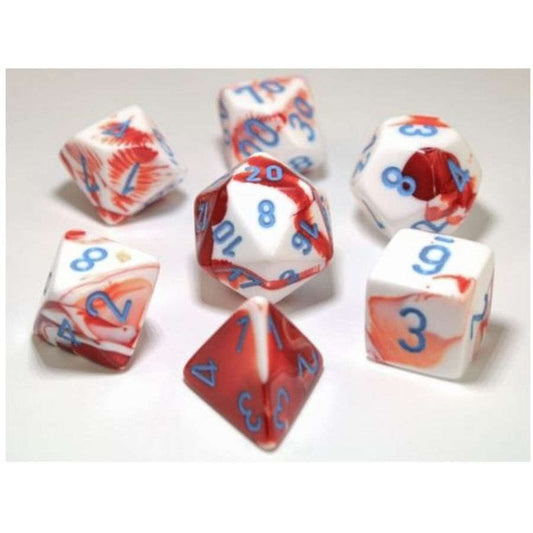 CHESSEX DICE: 7CT LAB DICE GEMINI POLY SET, RED AND WHITE / BLUE (CHX30022)