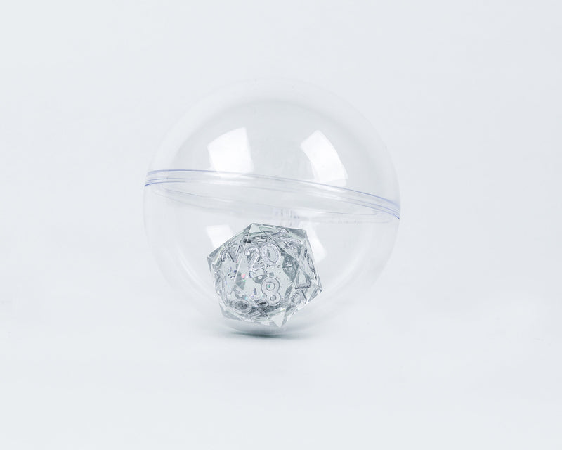 Sirius Dice: Snow Globe: 22mm Sharp Edged D20 - Silver Ink, Silver Glitter, Silver Green and Red Snowflakes