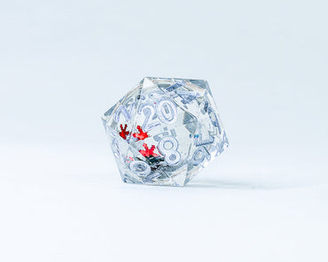 Sirius Dice: Snow Globe: 22mm Sharp Edged D20 - Silver Ink, Silver Glitter, Silver Green and Red Snowflakes