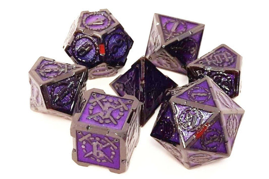 Old School 7 Piece DnD RPG Metal Dice Set: Knights of the Round Table - Black w/ Amethyst