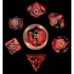 7 COUNT MINI DICE POLY SET: RED/BLACK WITH GOLD NUMBERS