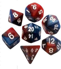 7 COUNT MINI DICE SET: RED/BLUE WITH WHITE NUMBERS