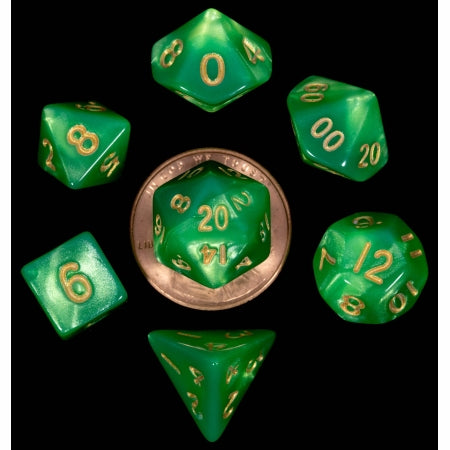 7 COUNT MINI DICE POLY SET: GREEN AND LIGHT GREEN WITH GOLD NUMBERS
