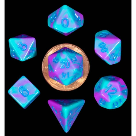 7 COUNT MINI DICE POLY SET: PURPLE AND TEAL WITH BLUE NUMBERS