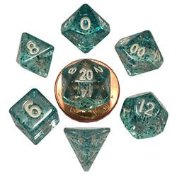 7 COUNT MINI DICE POLY SET: ETHEREAL LIGHT BLUE WITH WHITE NUMBERS