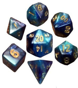 7 COUNT MINI DICE POLY SET: LIGHT BLUE/DARK BLUE WITH GOLD NUMBERS