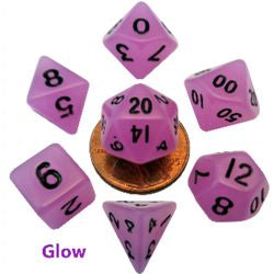 7 COUNT MINI RESIN GLOW POLY DICE SET, PURPLE