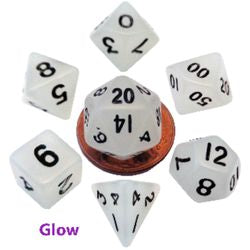 7 COUNT MINI RESIN GLOW POLY DICE SET, CLEAR