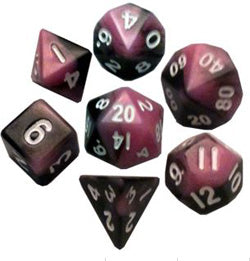 7 COUNT MINI DICE POLY SET: PINK/BLACK WITH WHITE NUMBERS