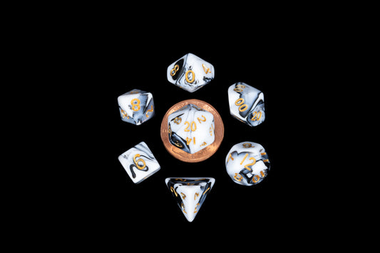 7 COUNT MINI DICE POLY SET: MARBLE SET WITH GOLD NUMBERS