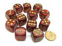 CHESSEX DICE: D6 -- 16MM GLITTER DICE, RUBY/GOLD, 12CT (CHX27704)