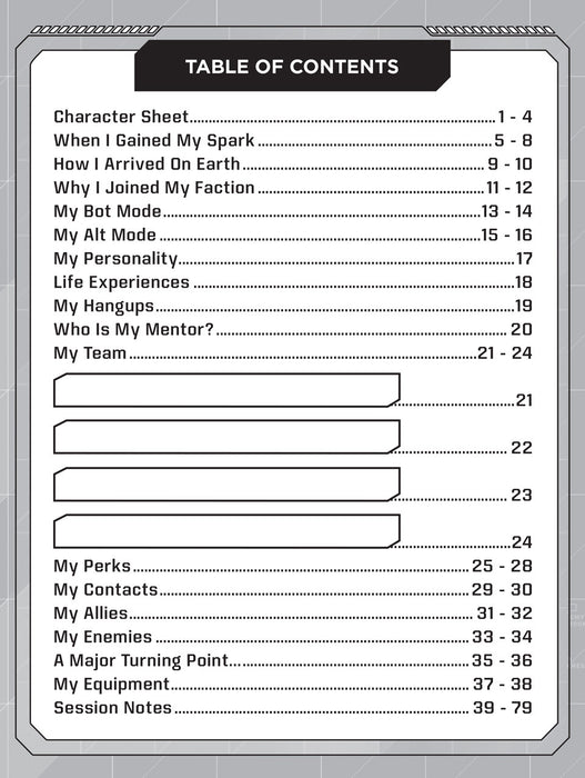 Transformers Roleplaying Game Expanded Character Sheet Journal