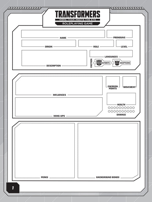 Transformers Roleplaying Game Expanded Character Sheet Journal