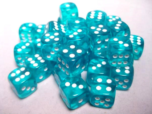CHESSEX DICE: D6 -- 12MM TRANSLUCENT DICE, TEAL/WHITE; 36CT (CHX23815)