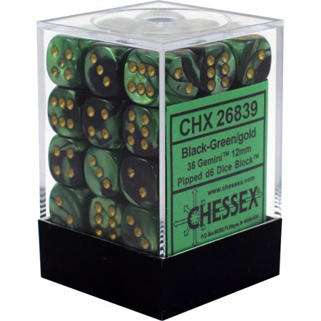 CHESSEX DICE: D6 -- 12MM GEMINI DICE, BLACK-GREEN/GOLD; 36CT (CHX 26839)
